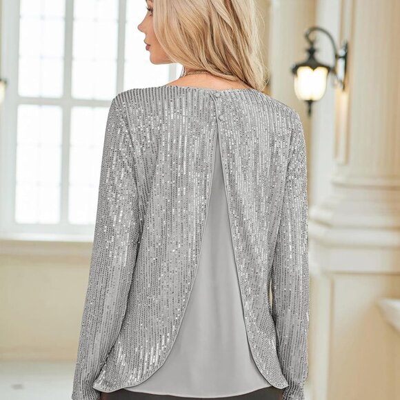GRACE KARIN Sequin Tops Sparkly Blouse Gray Small - Picture 3 of 7